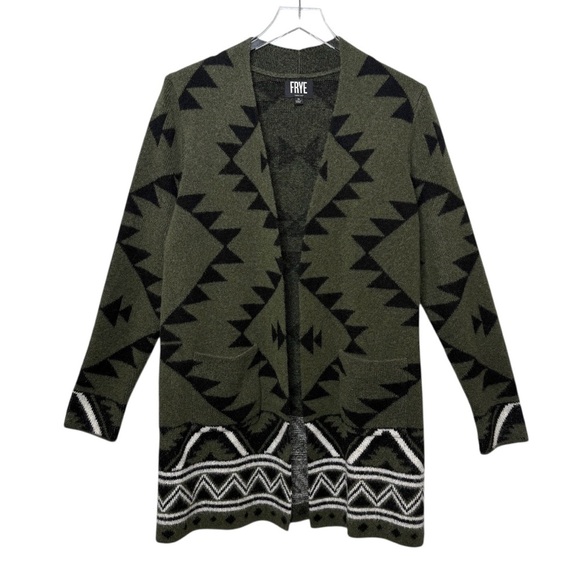 FRYE Olive Green Aztec South Western Women’s Open Cardigan Sweater Sz M - Picture 1 of 13